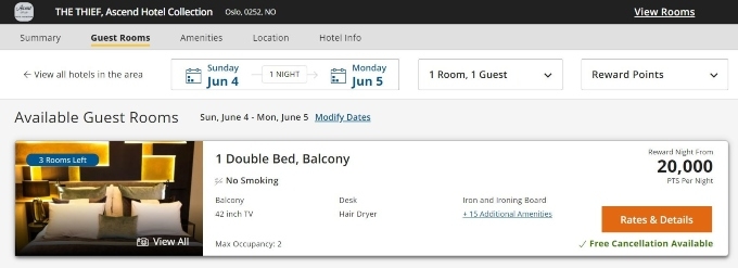 A screenshot of the price of a hotel room shown in points. 