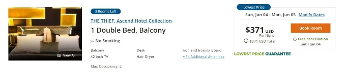 The price of a hotel room shown in U.S. dollars. 