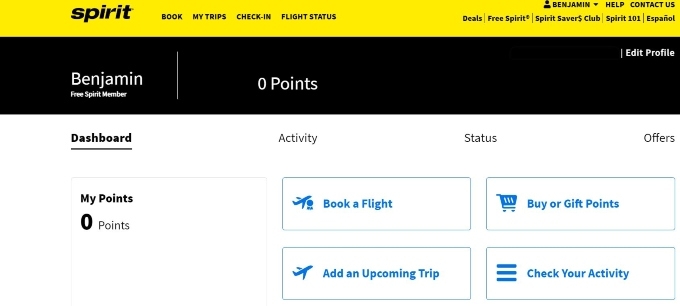The Spirit Airlines website dashboard with options to book a flight, check your points activity, check your status activity, and check available offers.