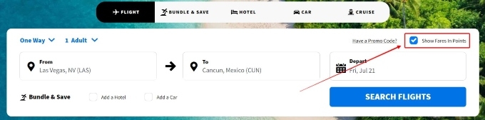 The Spirit Airlines website on the booking tool page, which a red square around the checkbox to Show Fares in Points.