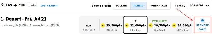 A flight on the Spirit Airlines website along with how many points are needed to pay for that particular flight depending on the day.