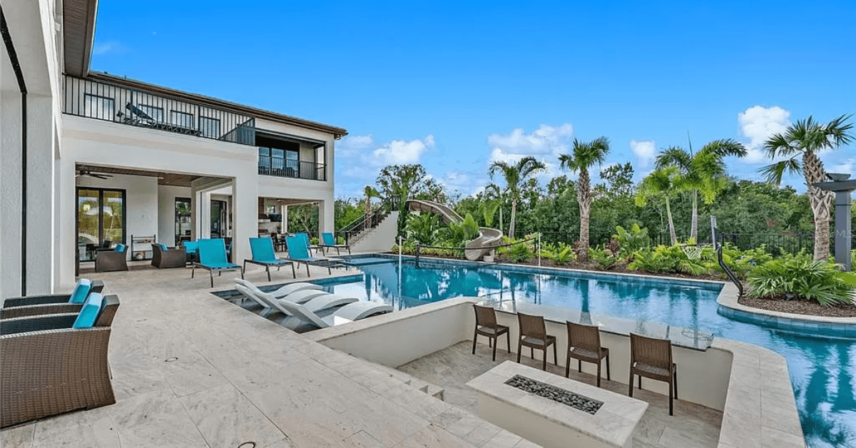 Pool in backyard of house