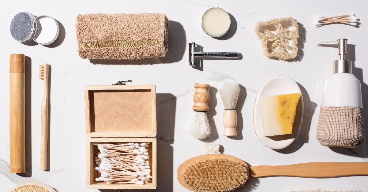 top view of hygiene items on white background