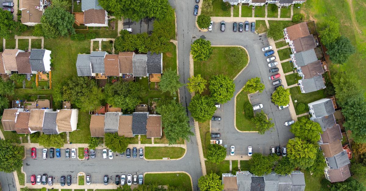  aerial view of a residential neighborhood in Rockville Montgomery County Maryland