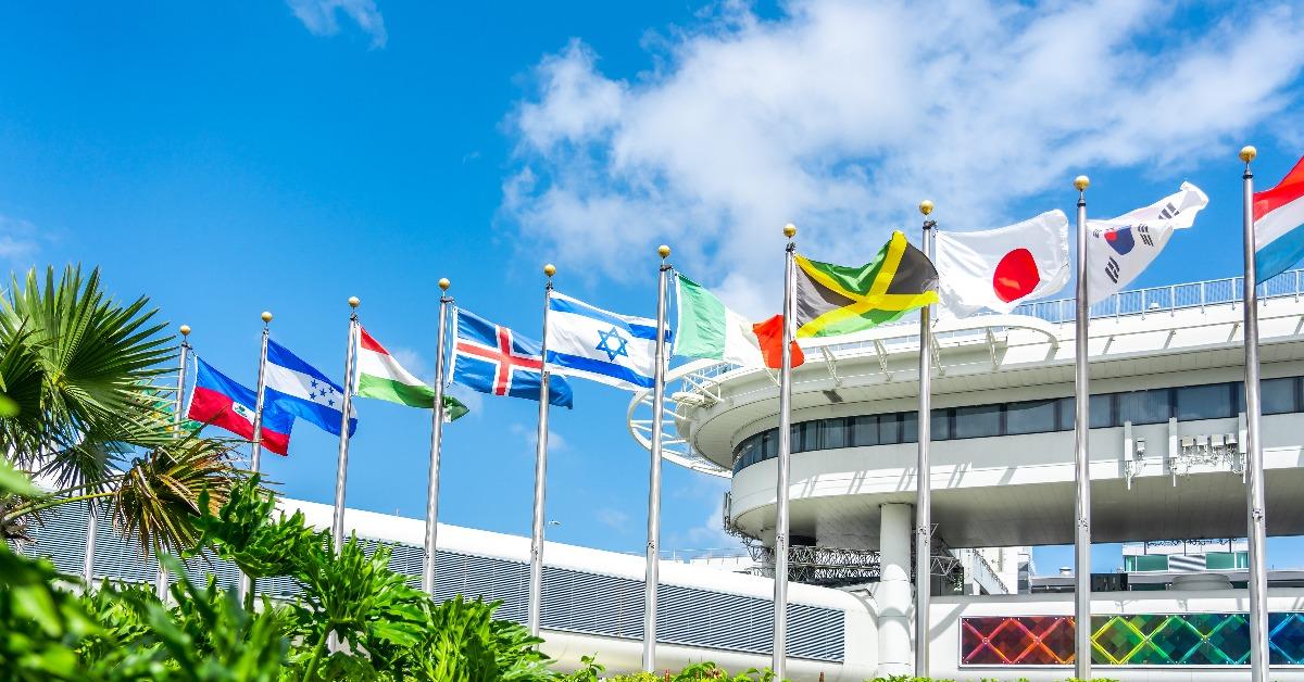 Miami airport building with flags of different countries