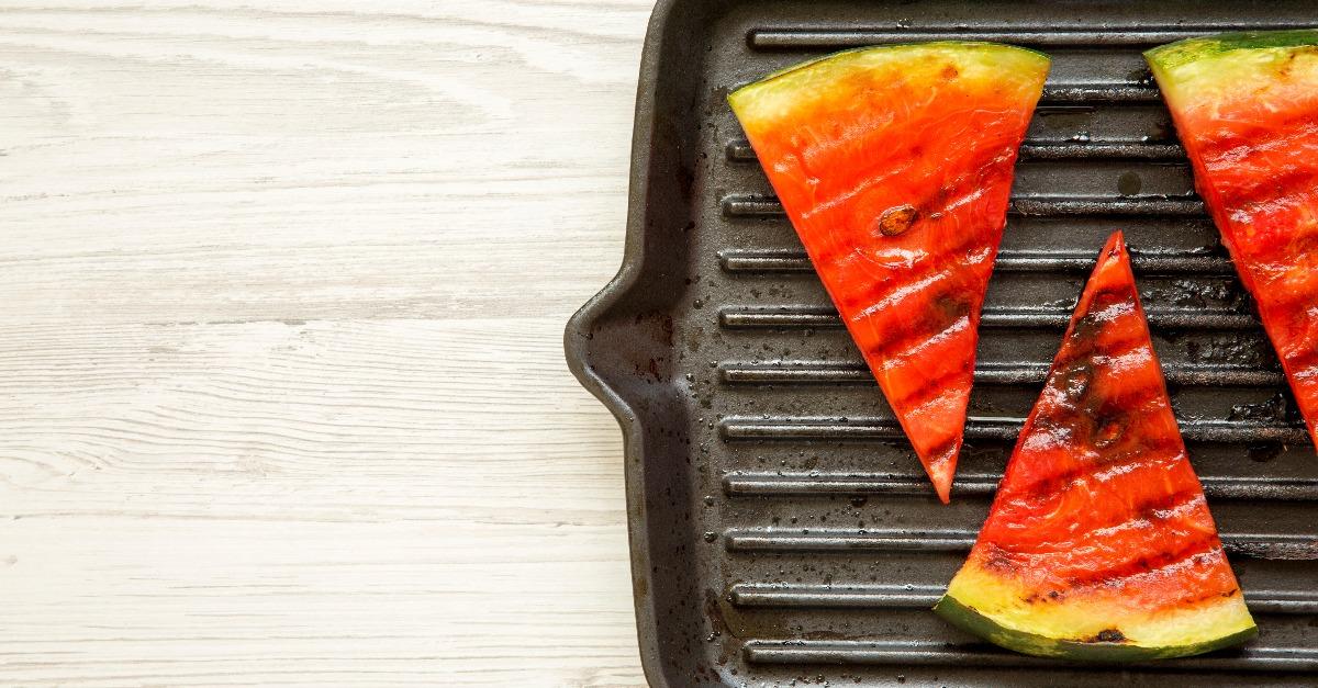 slices of grilled watermelon in grilling pan 