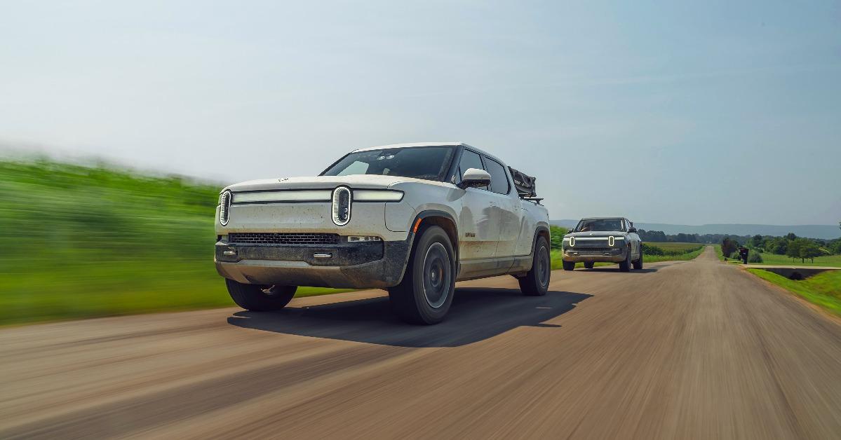 electric pickup truck Rivian R1T in the motion