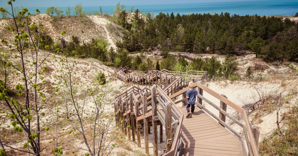 Boardwalk steps down a dune at Indiana Dunes National Park