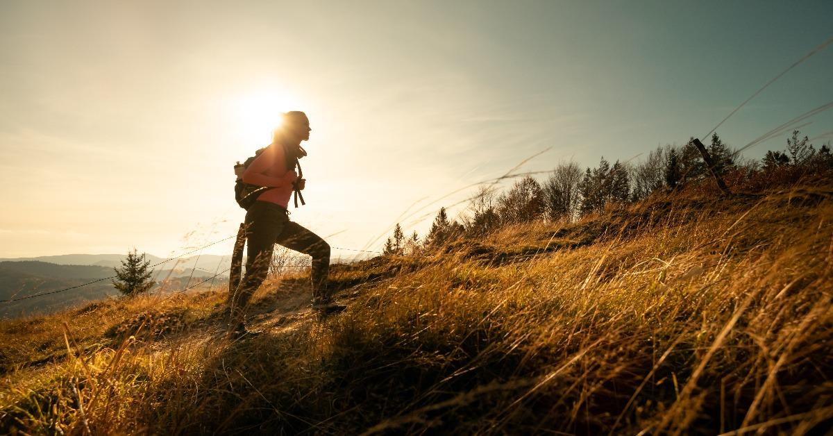 Hiker young woman with backpack rises to the mountain top