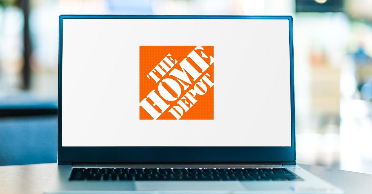 Laptop computer displaying logo of Home Depot