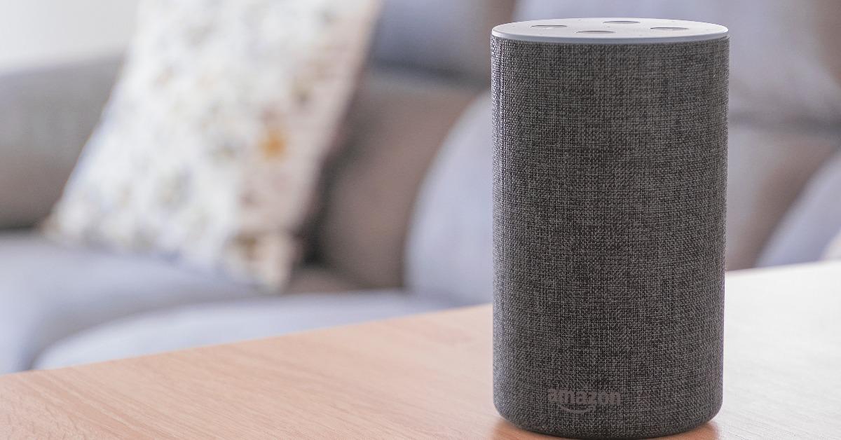 Dark grey Amazon Alexa Echo in a living room 