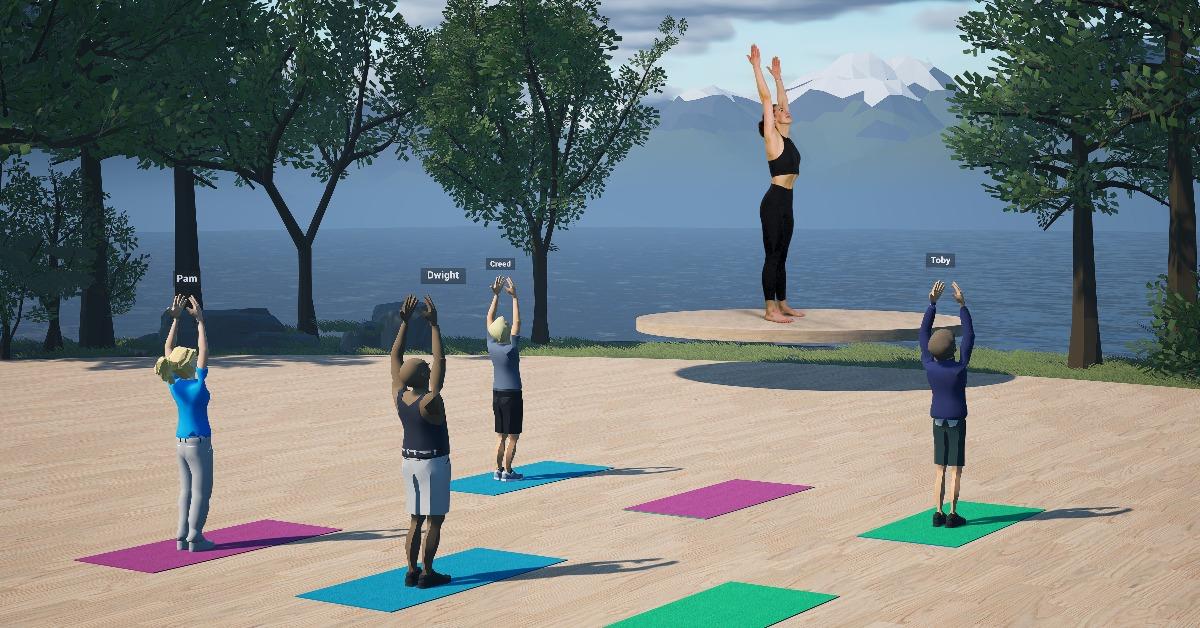 people playing as avatars participating in yoga training event in metaverse