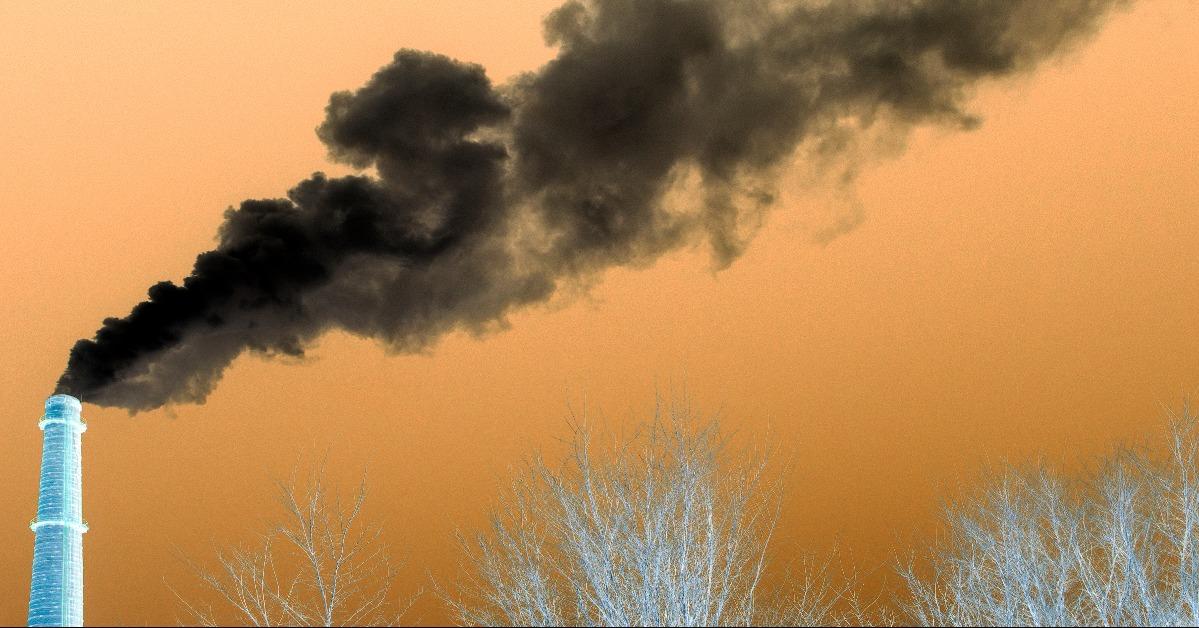 industrial pipe from which smoke goes to the sky above the trees without foliage