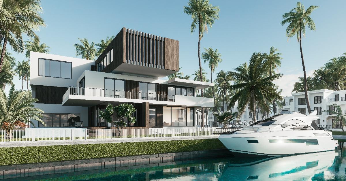 luxurious villa with palm trees and yacht