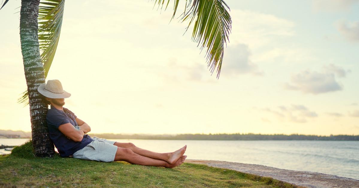 young man resting under the palm tree 