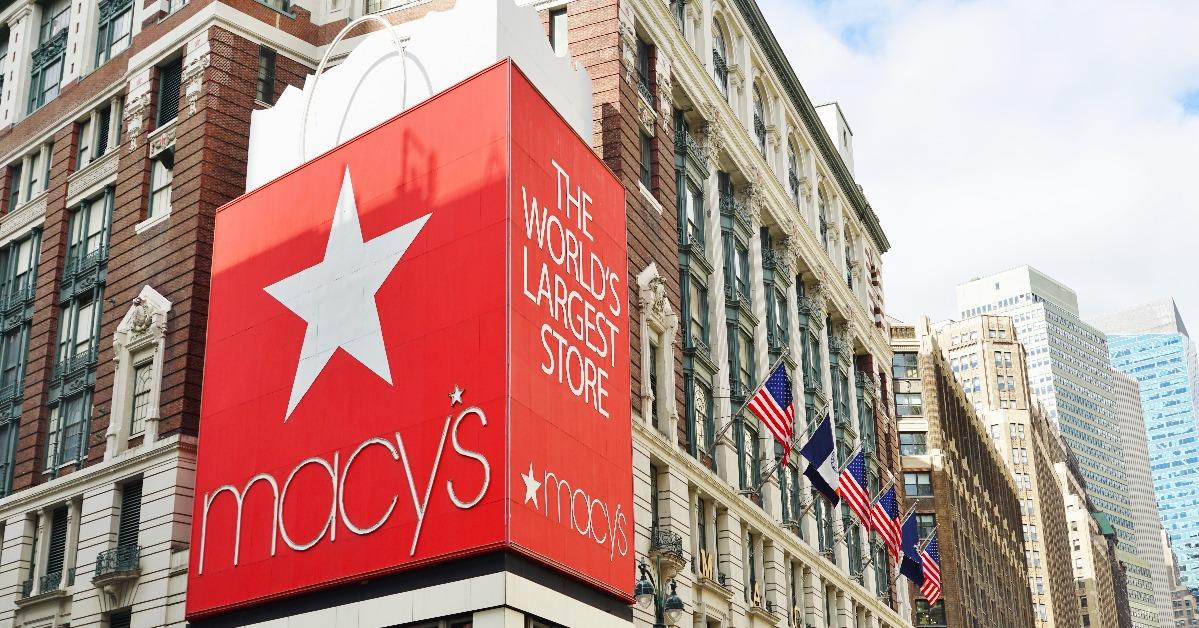 giant red gift bag outside the landmark Macys department store