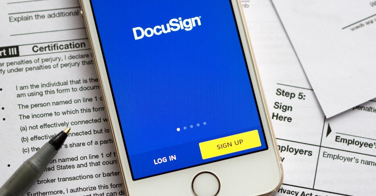  DocuSign mobile app login page is seen on a smartphone