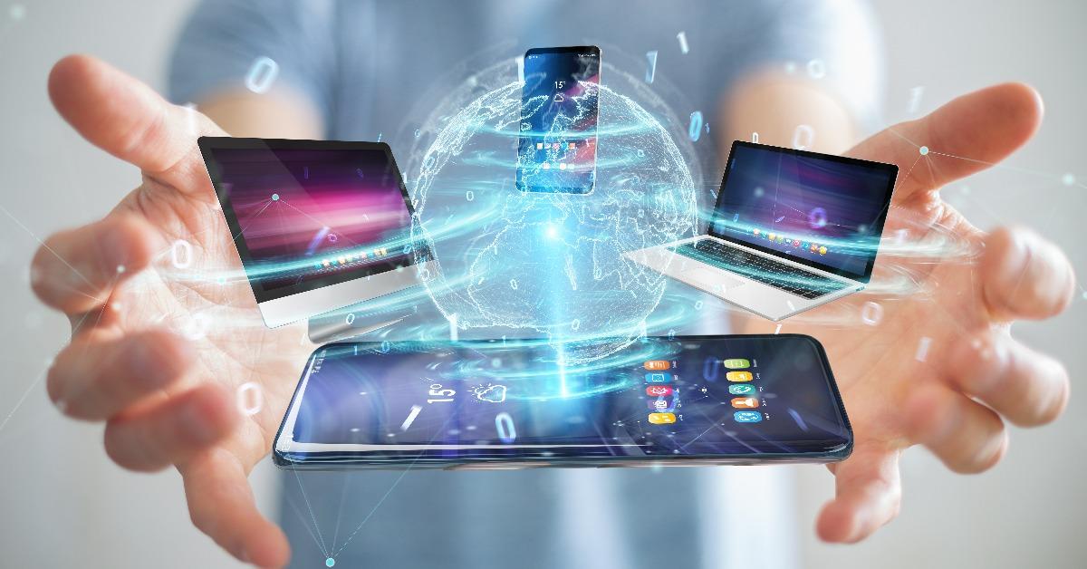 modern devices connected in businessman hand 3D rendering