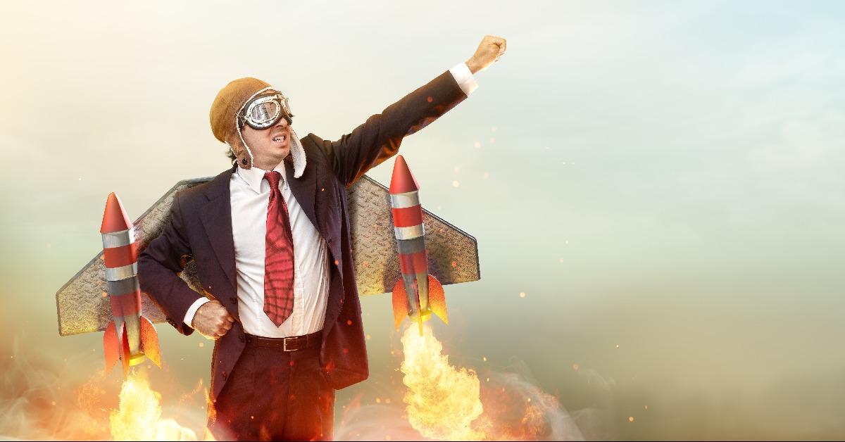 aviator businessman with jetpack on his back
