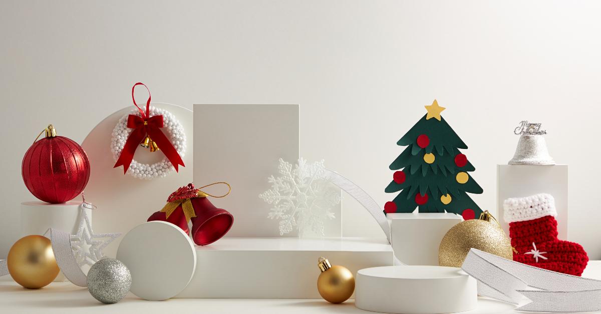 white podium with white background and christmas ornament decoration