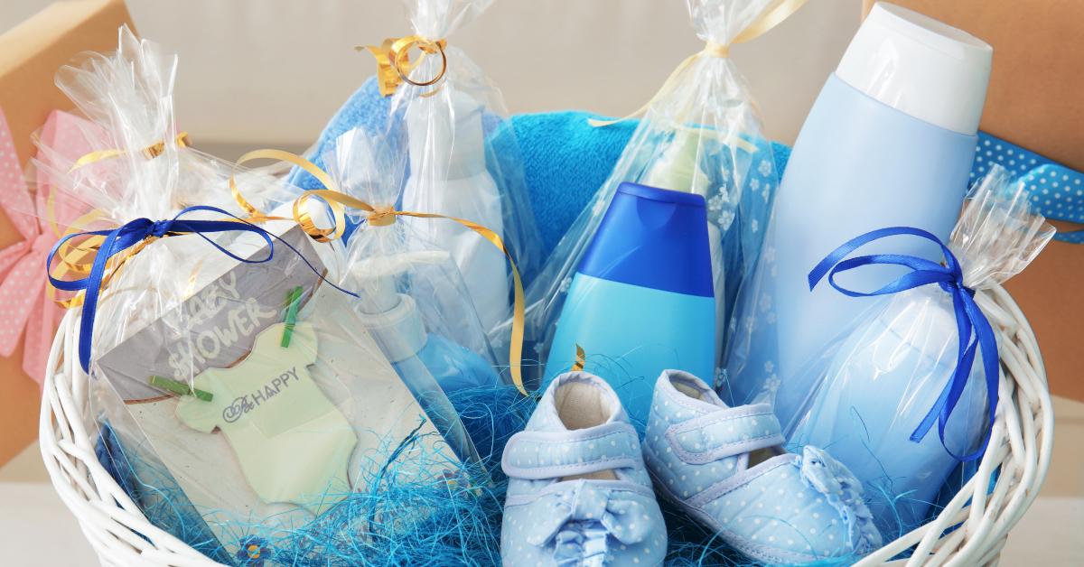 wicker basket with baby shower gifts