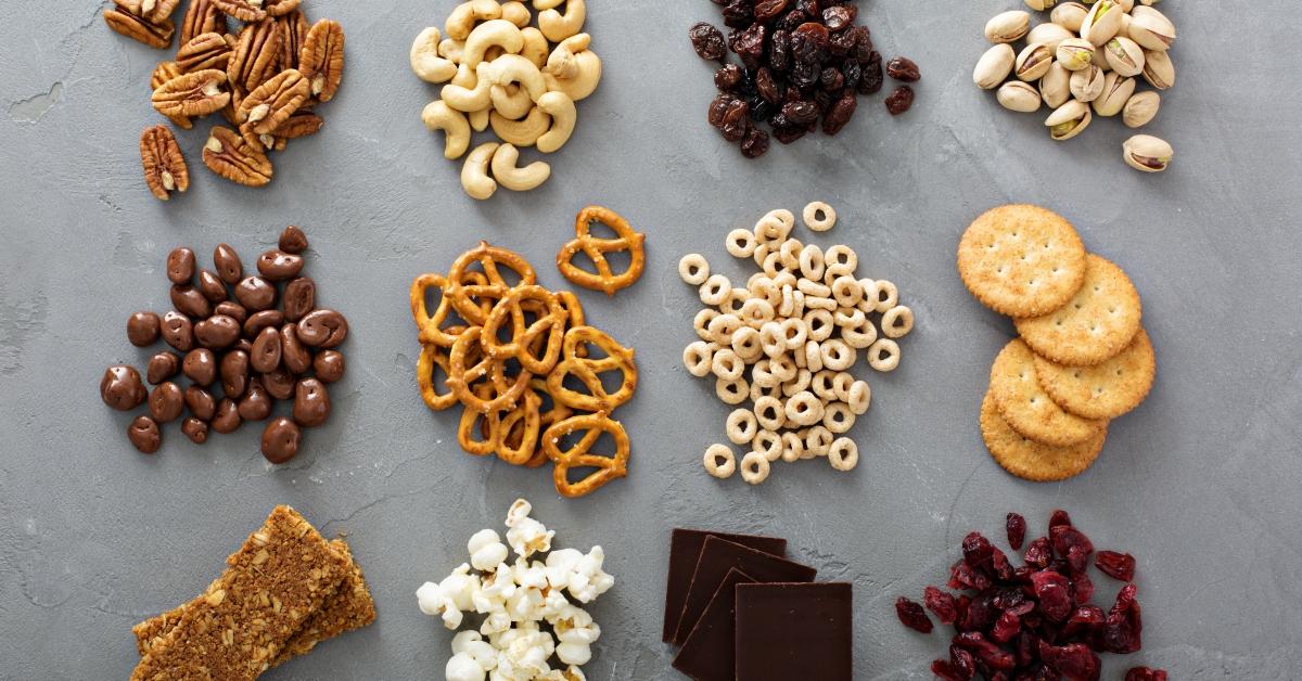 variety of healthy snacks overhead shot