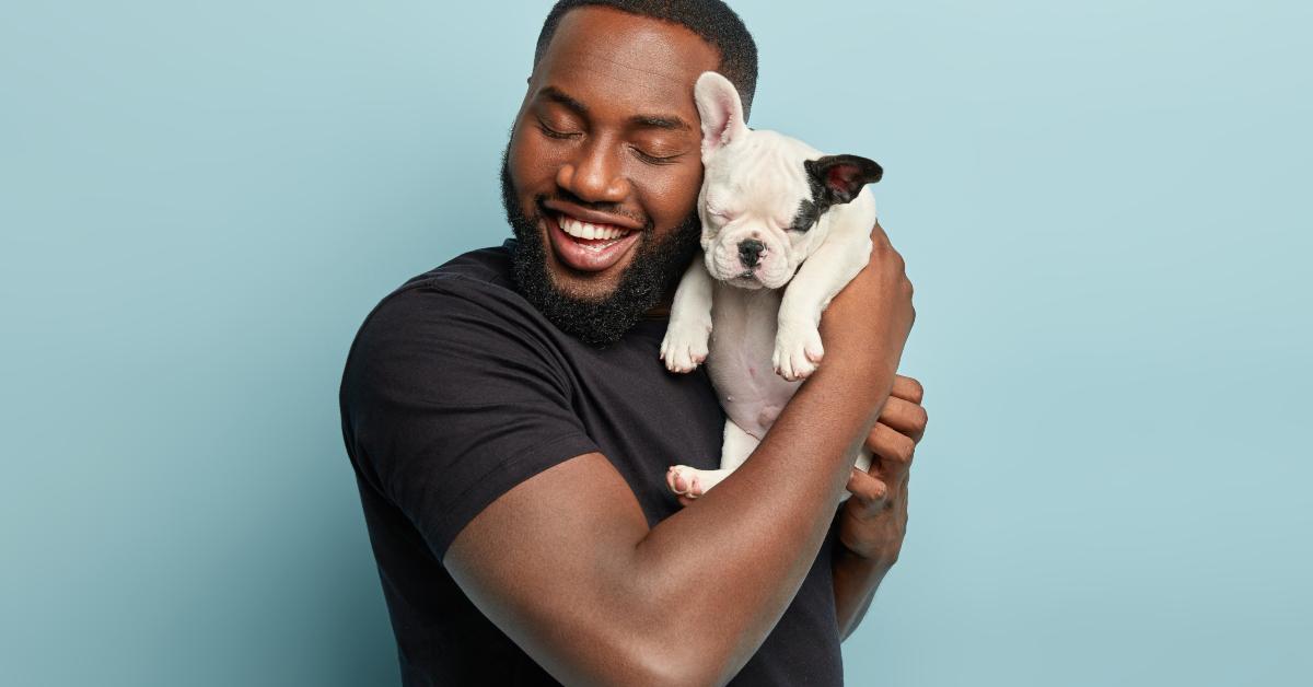 man holds cute small french puppy