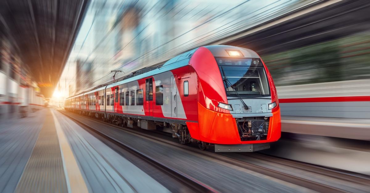 electric passenger train drives at high speed