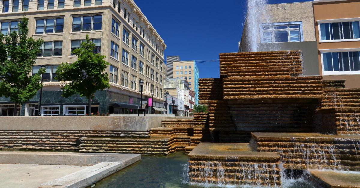 beautiful fountains in front of a modern buildings in downtown springfield missouri