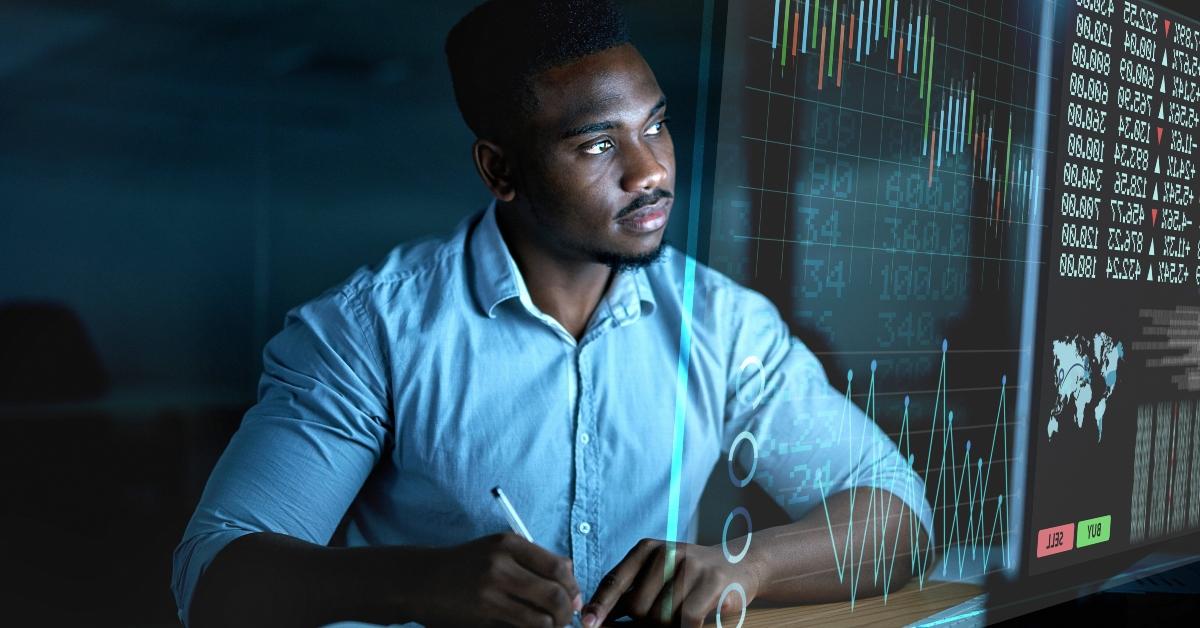 businessman thinking for futuristic finance data