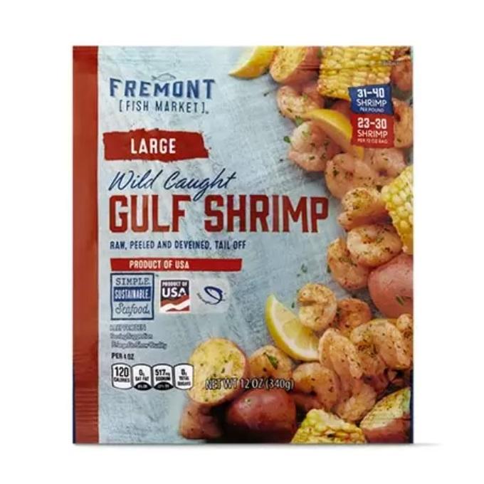 A package of Fremont Fish Market Large Raw, Peeled and Deveined Wild Gulf Shrimp