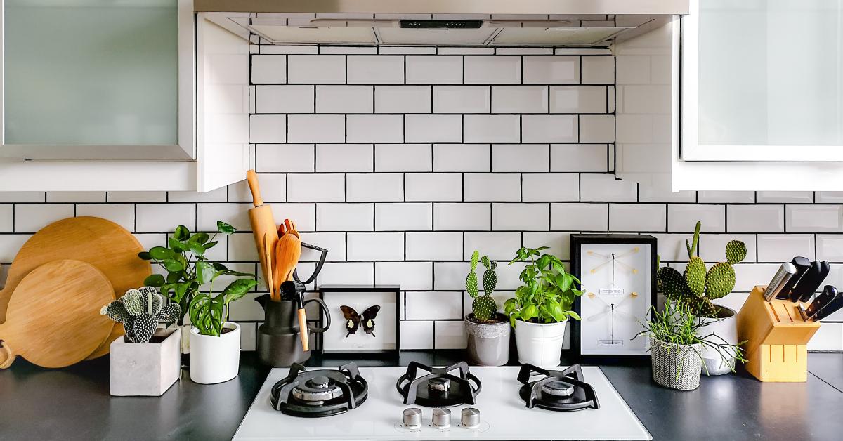 black and white subway tiled kitchen with numerous plants tiles
