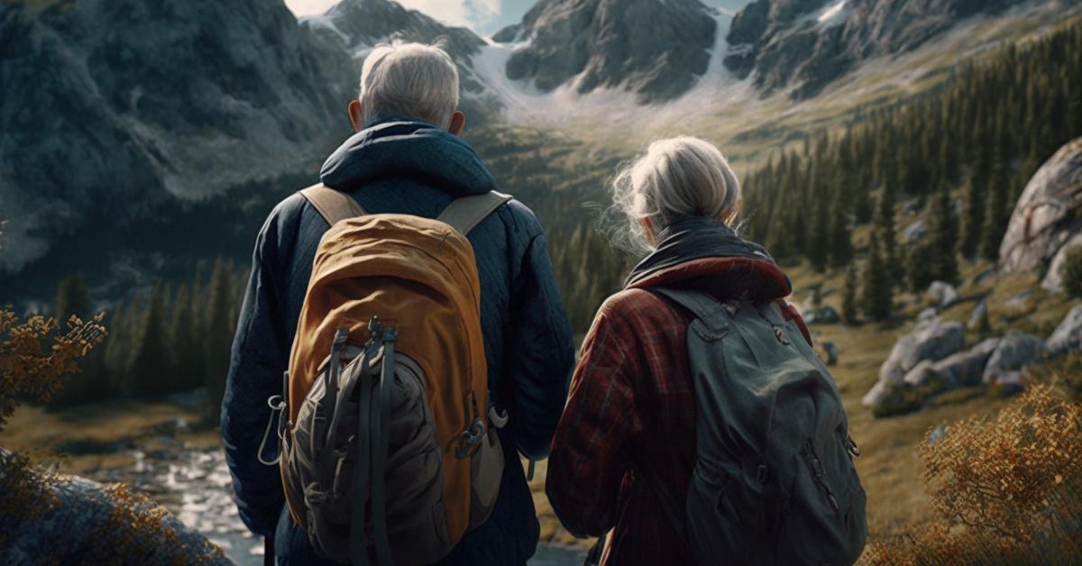  elderly couple go hiking in the mountains 