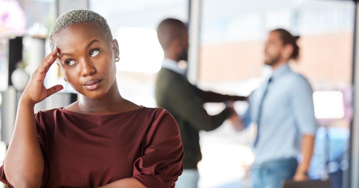 businesswoman rolls eyes at gender inequality 