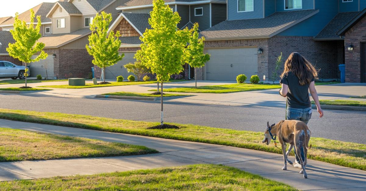 young woman walking dog in modern residential houses neighborhood
