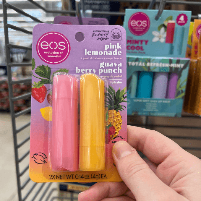 Walmart EOS pink lemonade and guava berry punch lip balm