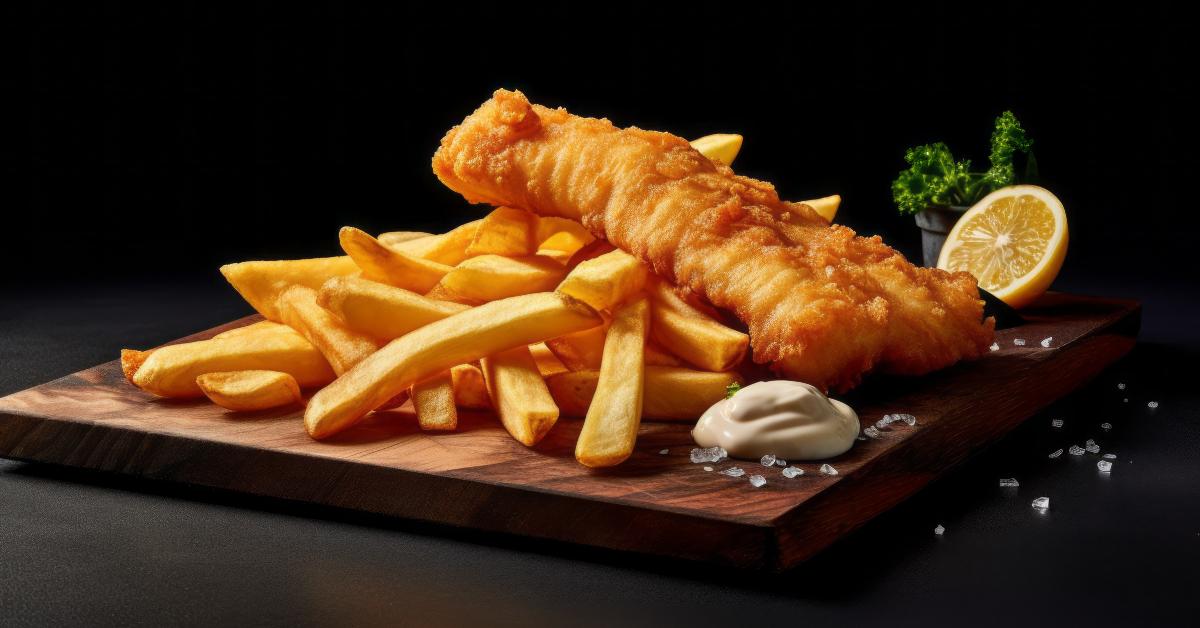 fish and chips on a slate plate