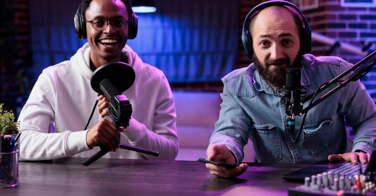 male influencers recording podcast in studio