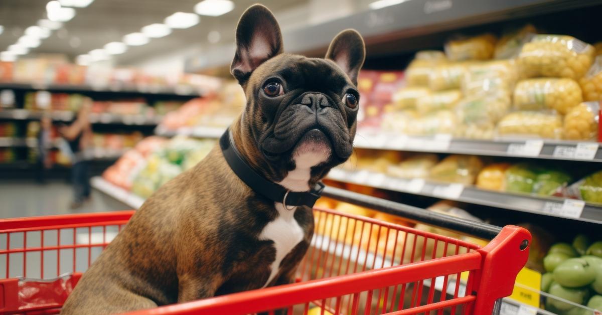 dog sitting in red shopping basket