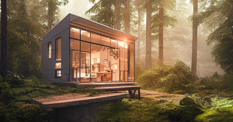 modern cabin house with glass interior and golden lights inside in the middle of forest