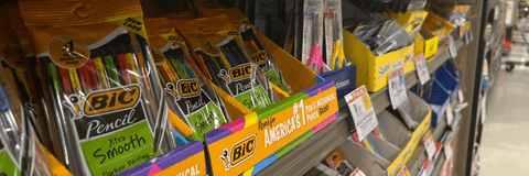 school supplies on shelf