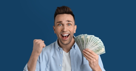 emotional man with cash money