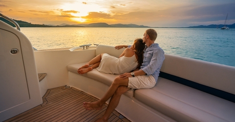 couple looking in sunset from the yacht