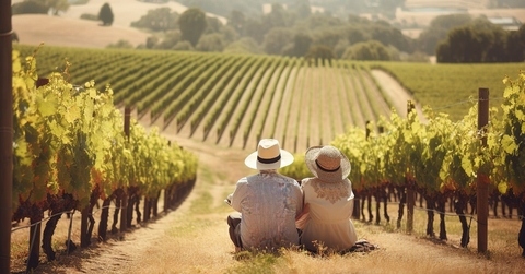 couple sitting in pathway between grape wines enjoying the beautiful scenery