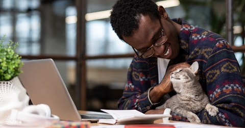 A young black man working on a laptop while holding his cute grey cat in his hands.