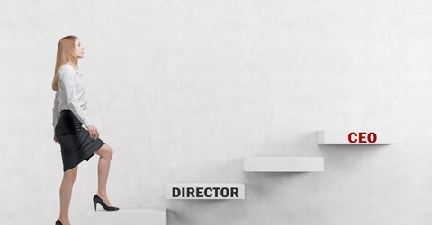 A symbolic depiction of a young businesswoman ascending the corporate hierarchy,, moving from manager to director, and ultimately reaching the position of CEO.