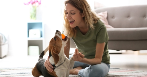young woman playing with her dog