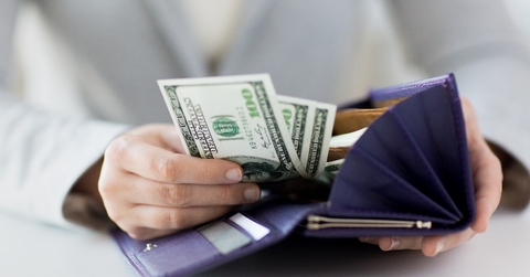 Close up of woman hands with wallet and money.