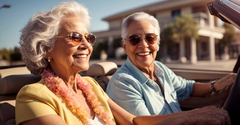 senior couple driving cabriolet car