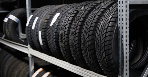 car tires on shelves at warehouse
